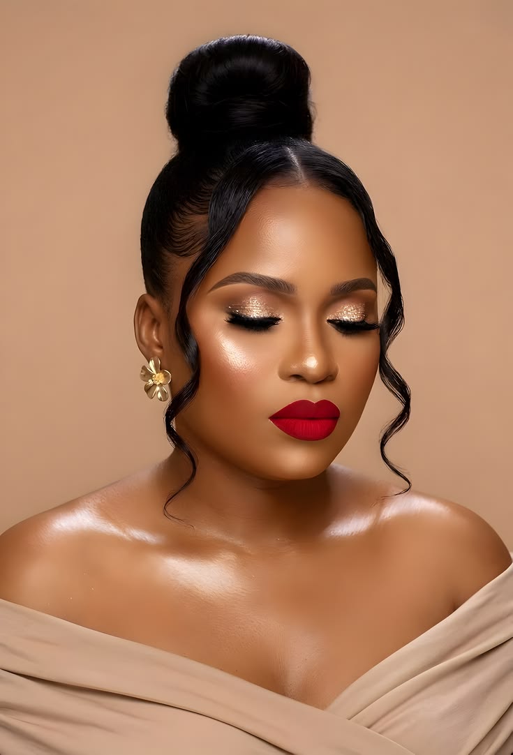 Full glam with gold glitter eyes, a bold red lip and a high bun