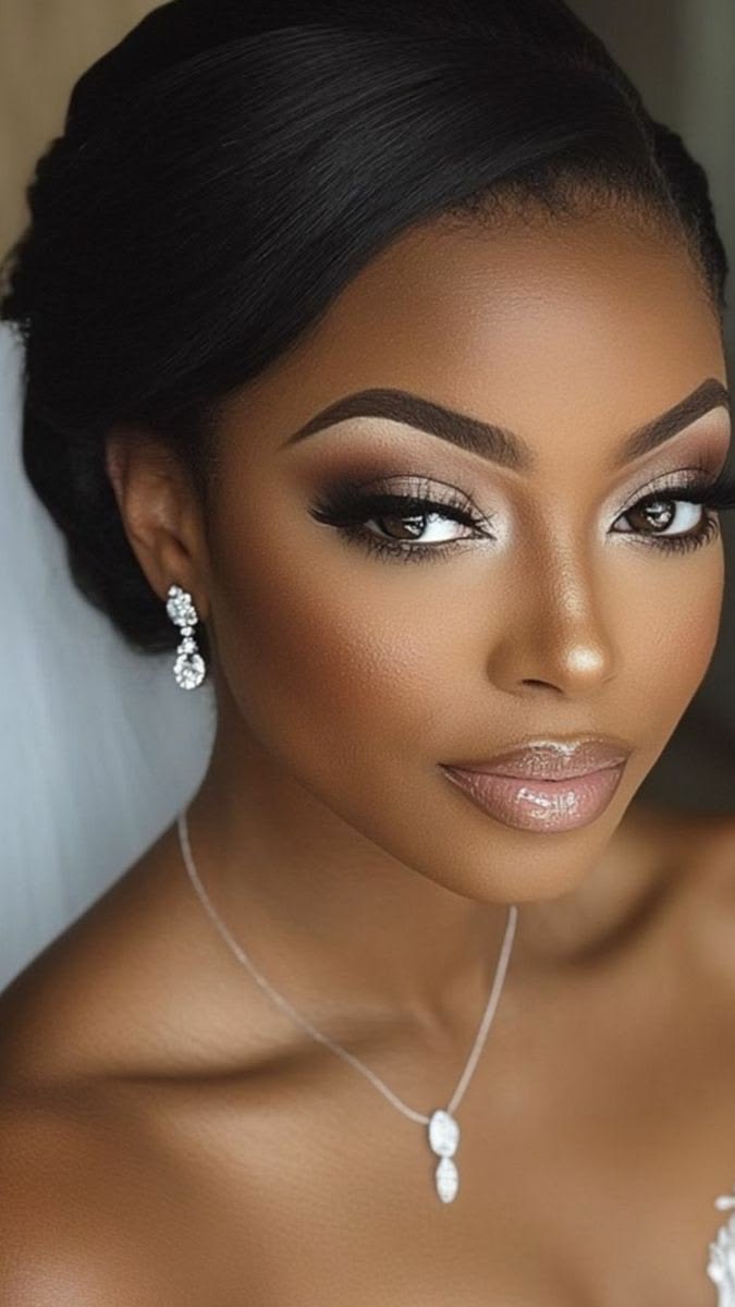 Bridal soft glam with bronze smoky eyes, full lashes and glossy nude lips