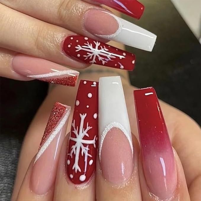 Long coffin nails in red and white with snowflake art and glitter