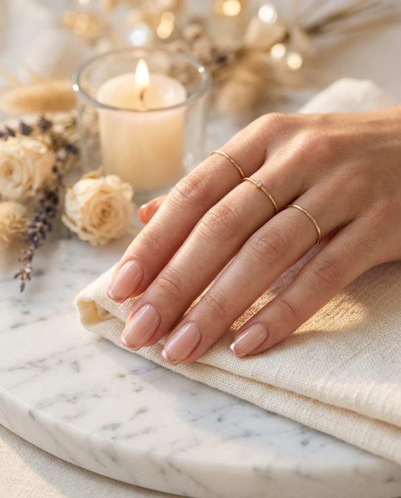 Hand with a glossy nude manicure and thin gold rings resting on a towel